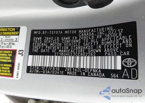 2012 Toyota Corolla Le z USA, uszkodzony, nr VIN 2T1BU4EE2CC802262